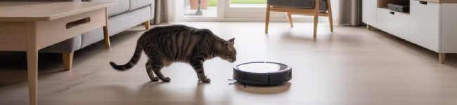 Foto de un gato descubriendo un robot aspirador